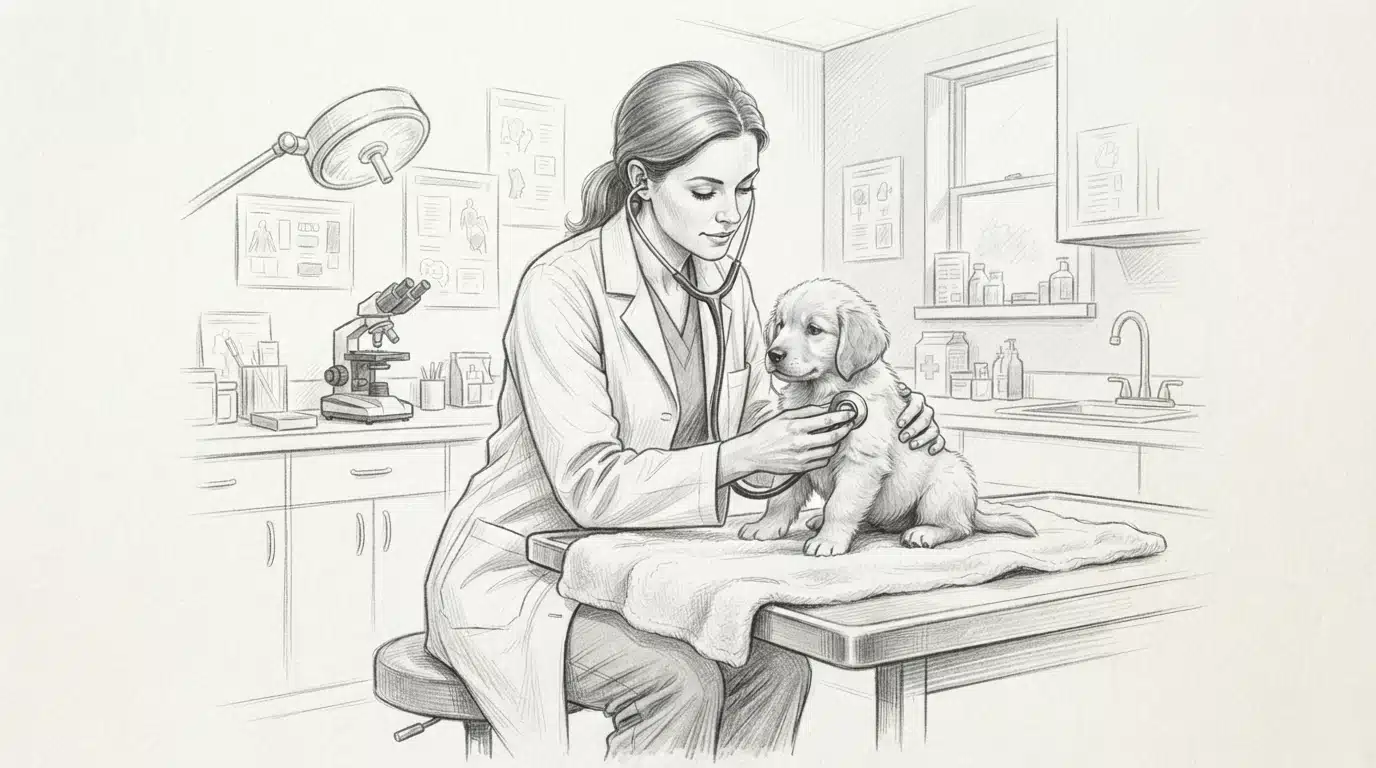 Vet examines puppy with stethoscope