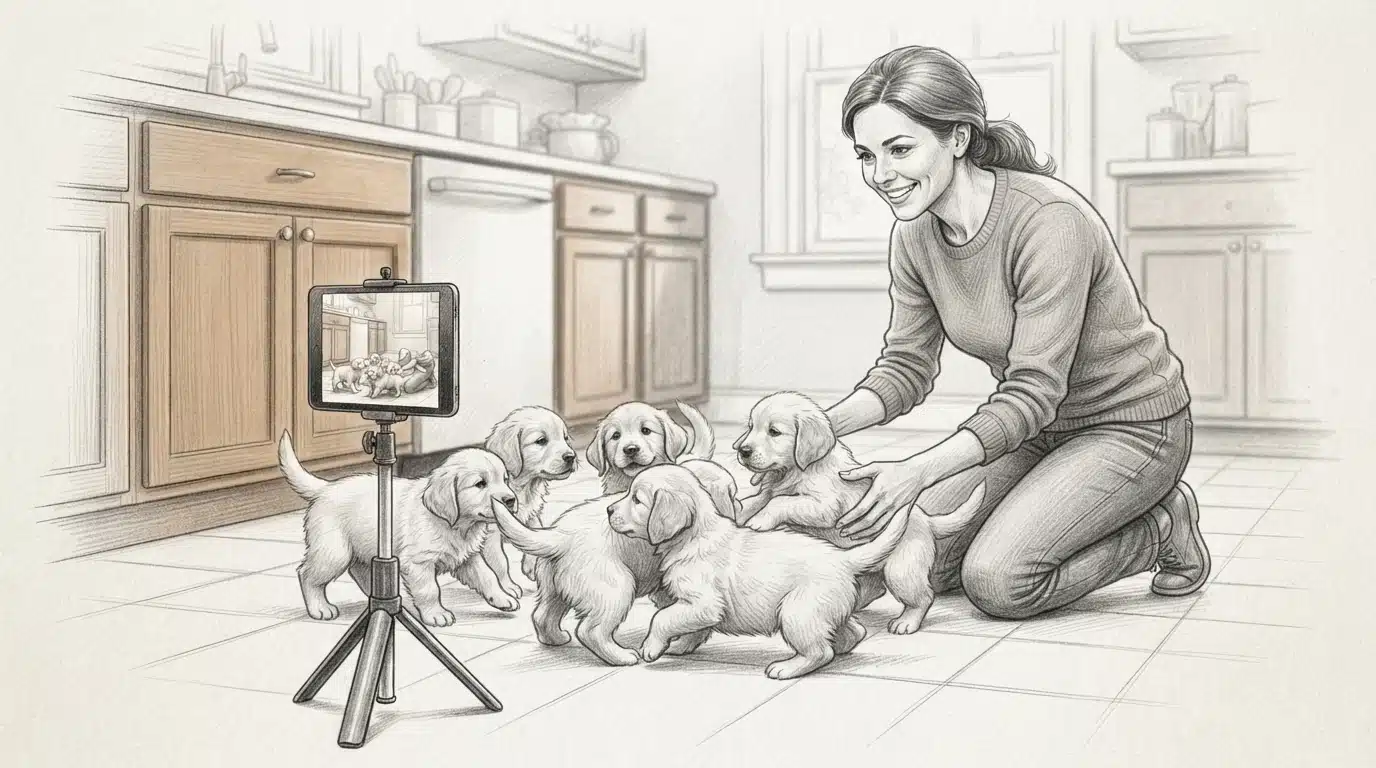 Breeder with playful puppies on video call