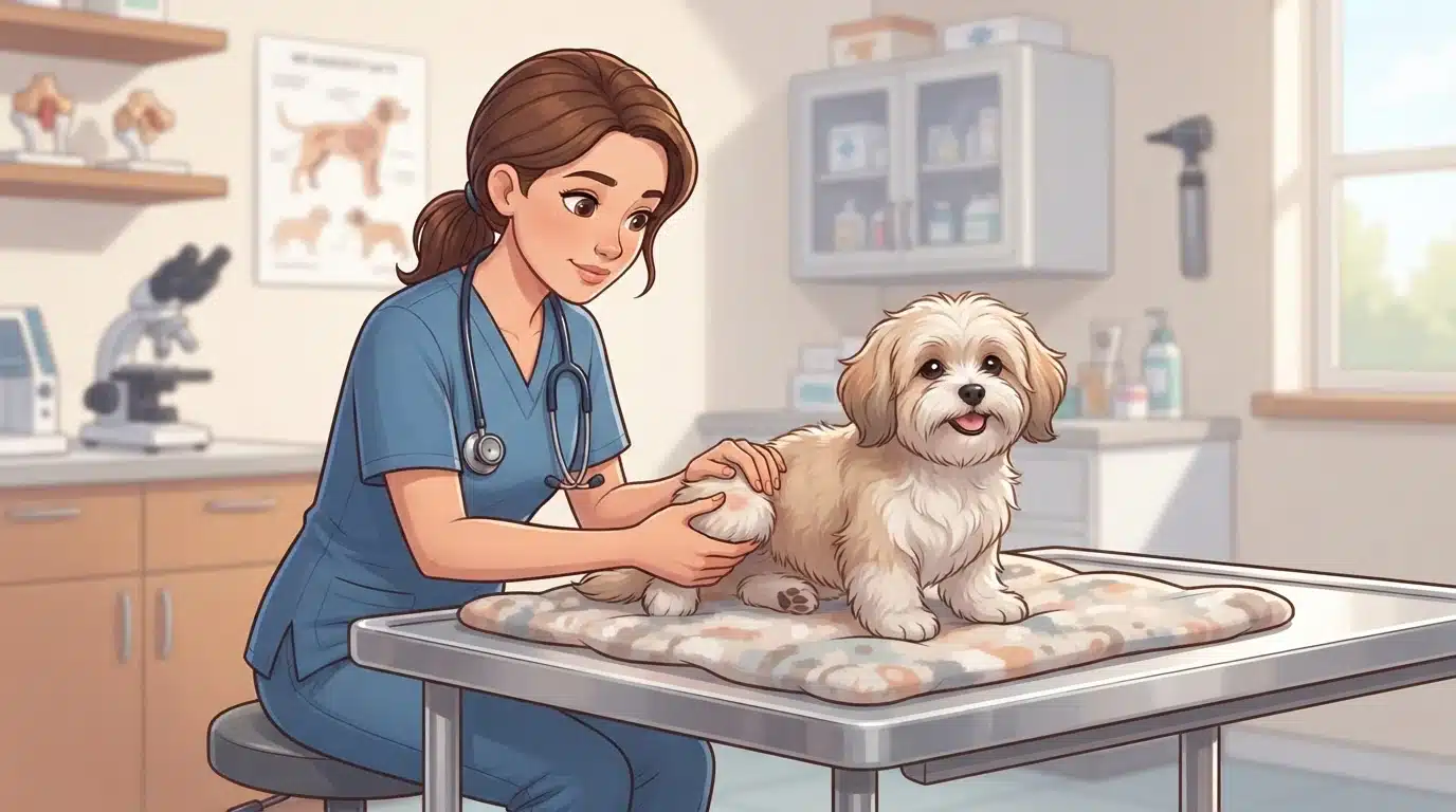 Vet examining a small dog's knee joint