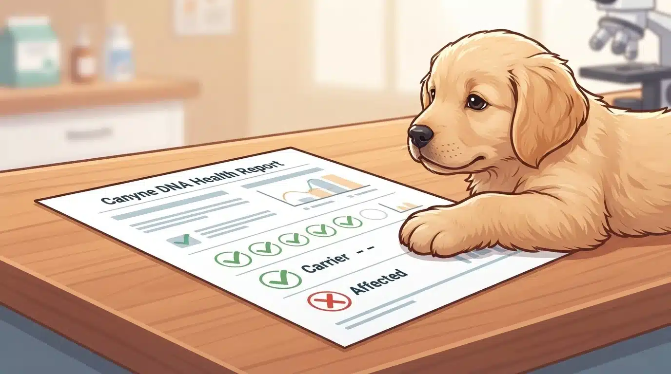 Puppy paw beside a printed DNA health report