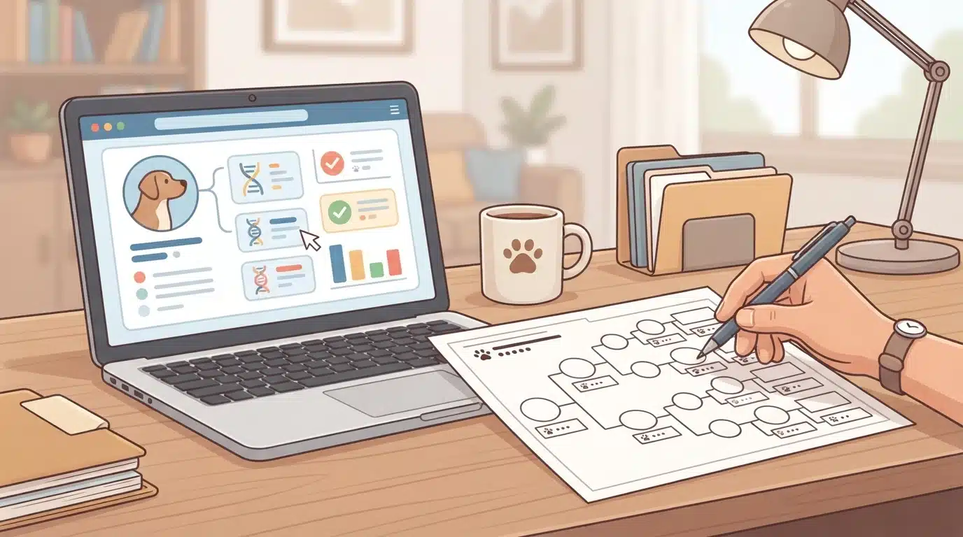 Laptop beside a printed pedigree chart on a breeder's desk