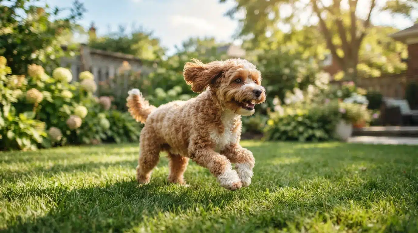 Lean cavapoo running on sunny grass