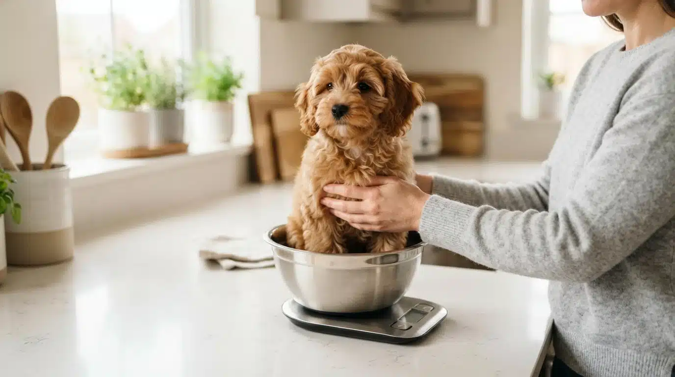 Cavapoo puppy being weighed on kitchen scale