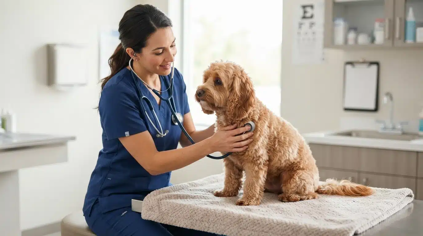 Veterinarian examining a calm adult cavapoo