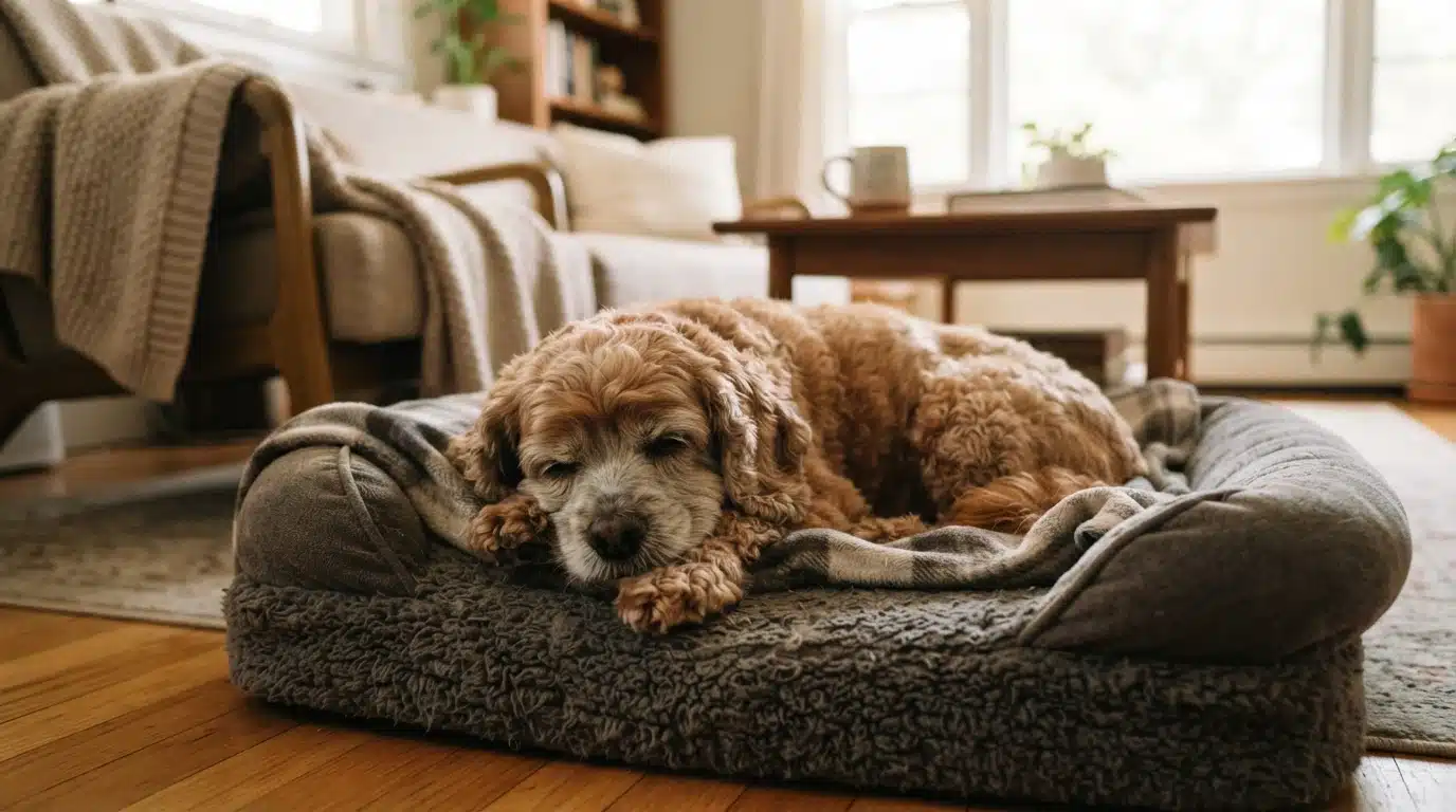 Older cavapoo resting on a cozy dog bed