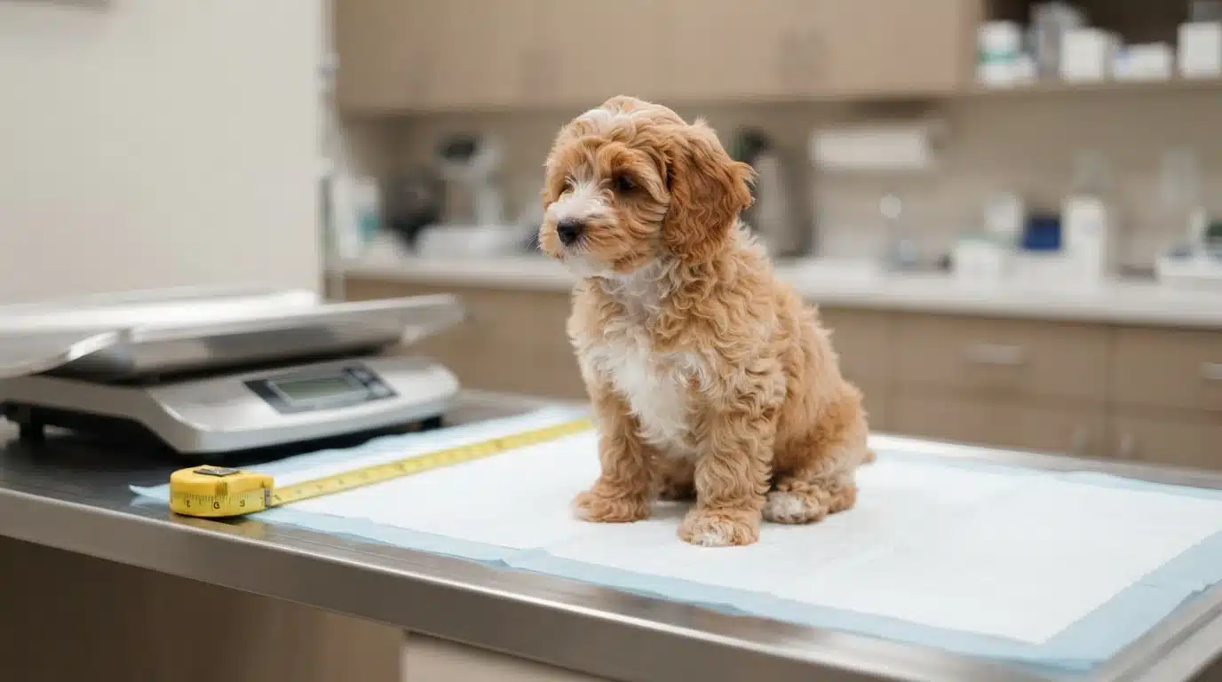 Havapoo puppy beside a tape measure and vet scale