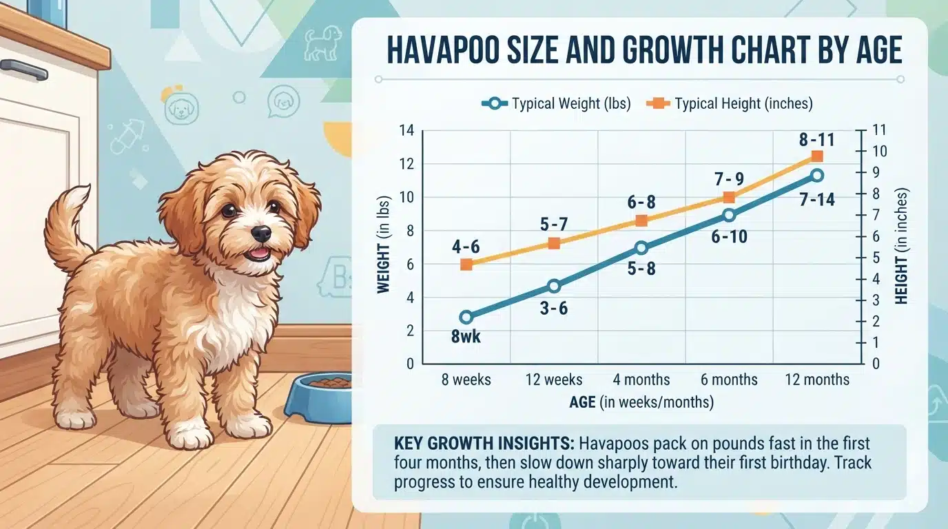 Havapoo puppy beside weight and height growth chart