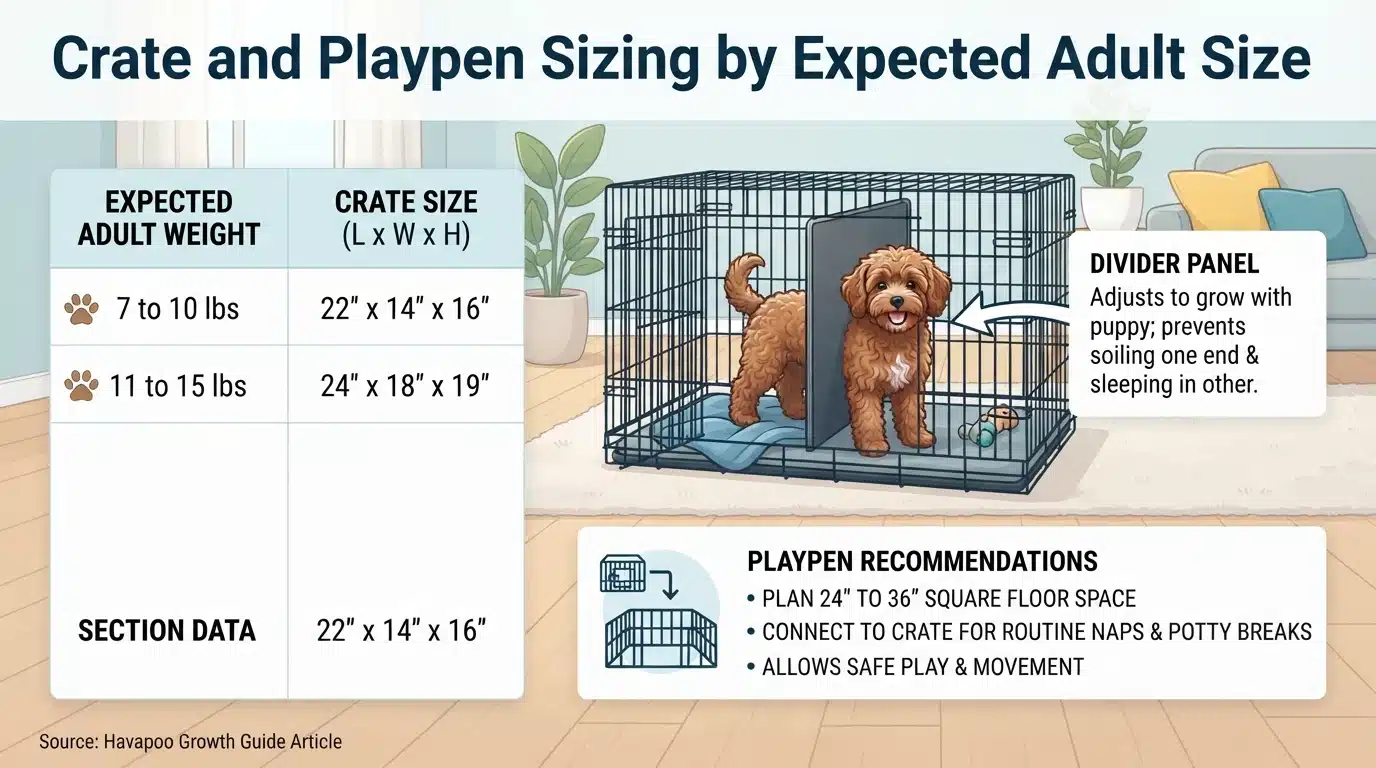 Infographic showing Havapoo crate sizes by adult weight