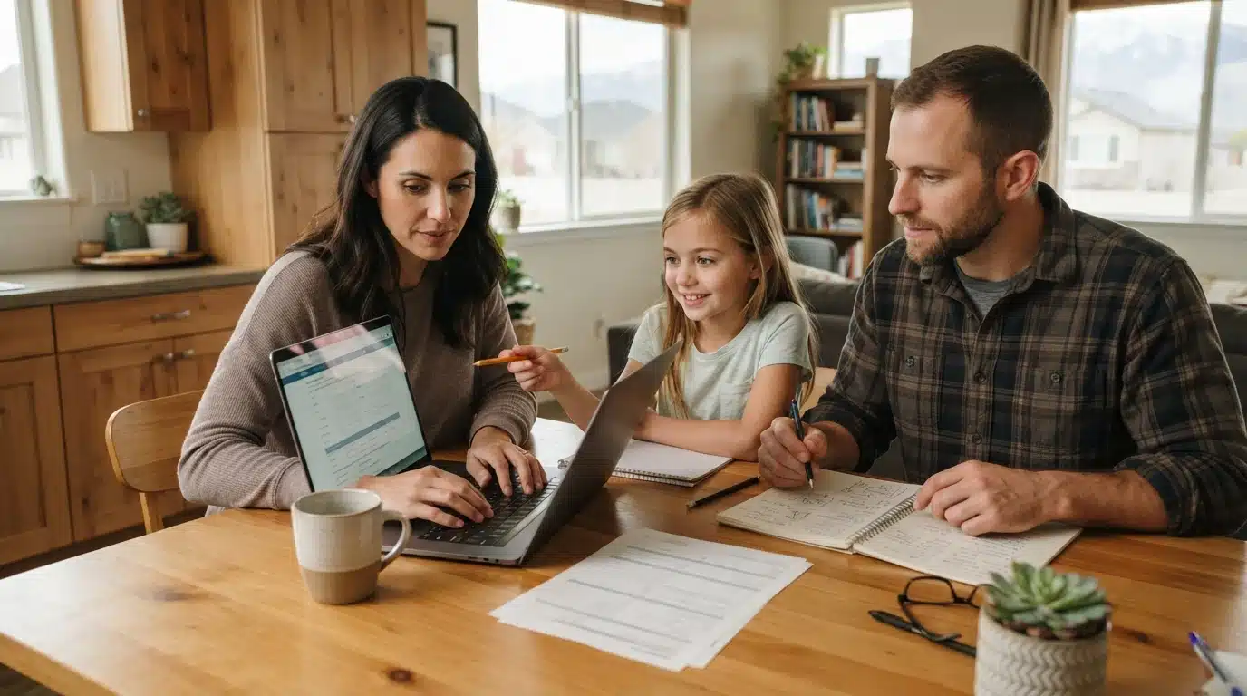 Family completing a puppy adoption application at a kitchen table