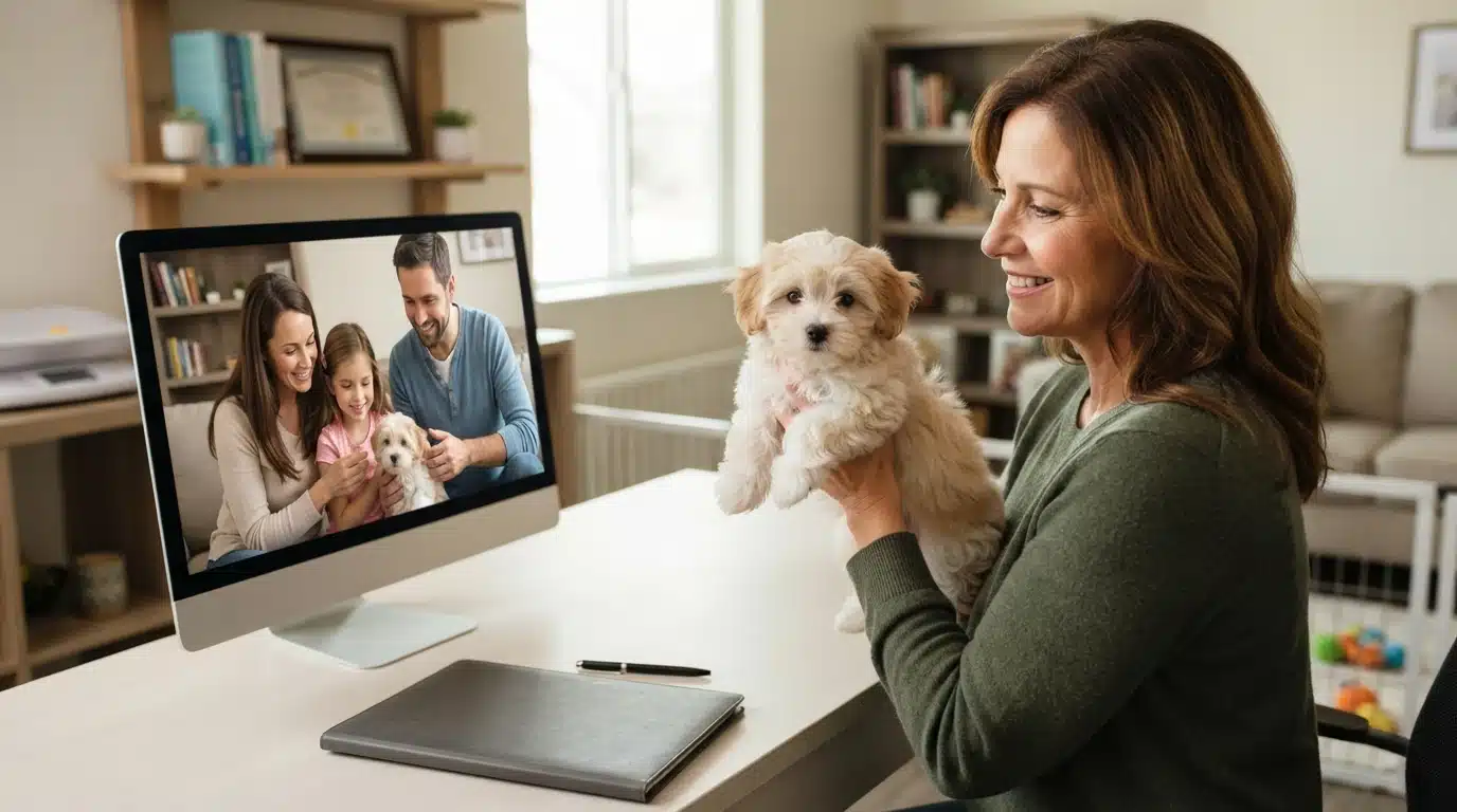 Breeder showing a Havanese puppy over video call