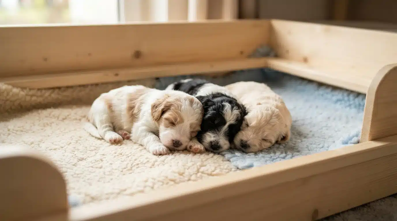 Three Havanese puppies sleeping in a whelping box