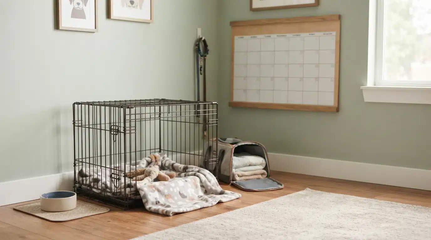 Puppy crate setup with toys and bowl