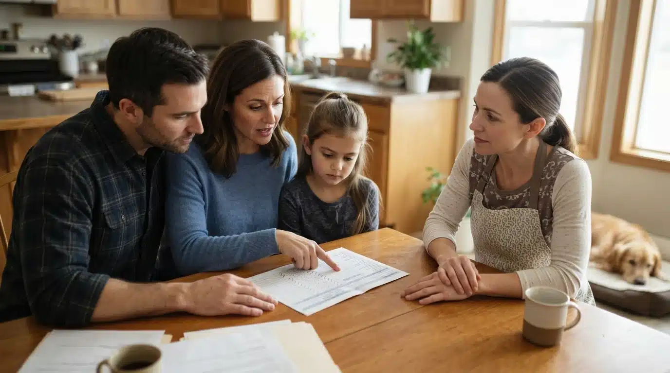 Family reviewing a printed puppy health record at a kitchen table
