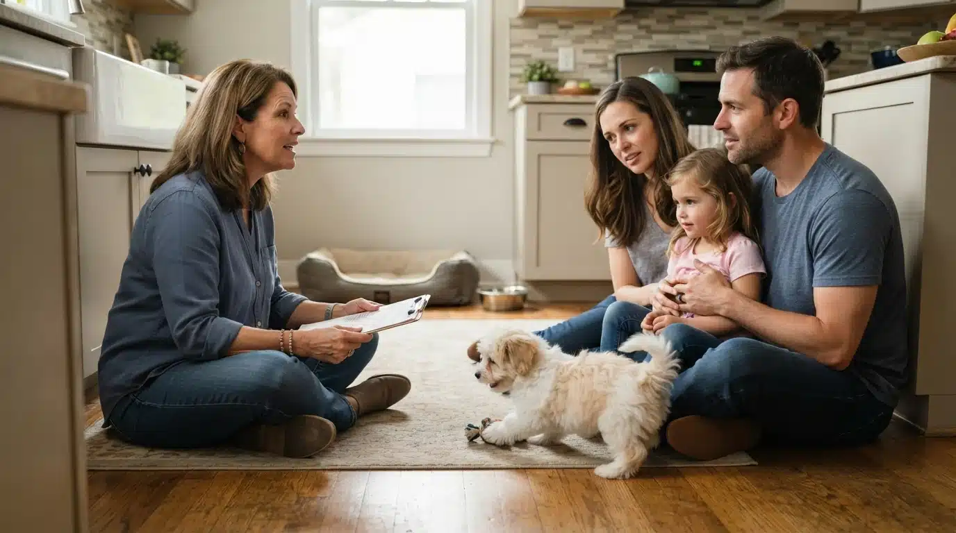 Breeder answers a young family's questions on the kitchen floor
