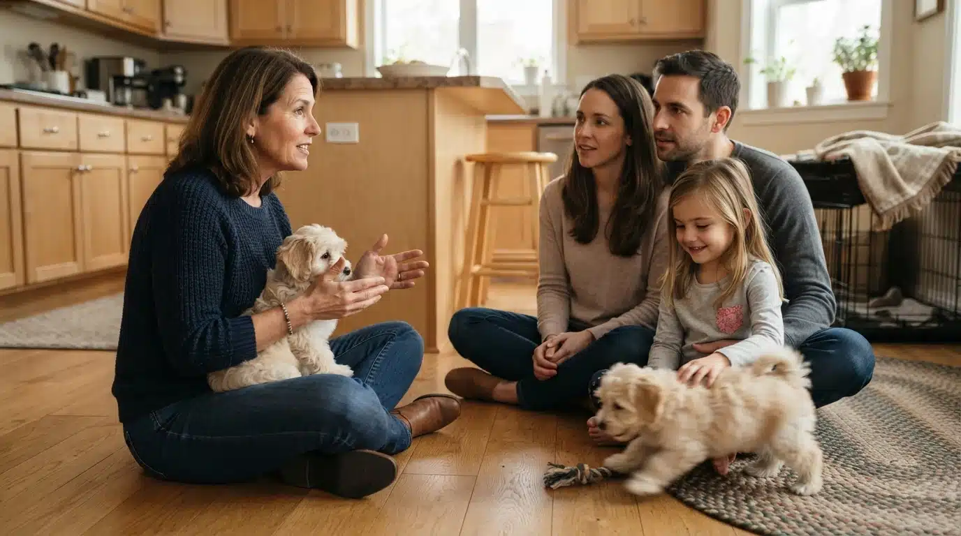 Breeder sitting on kitchen floor with family and Havanese puppy