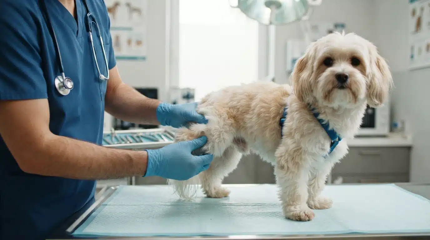 Veterinarian examines a Havanese's knees