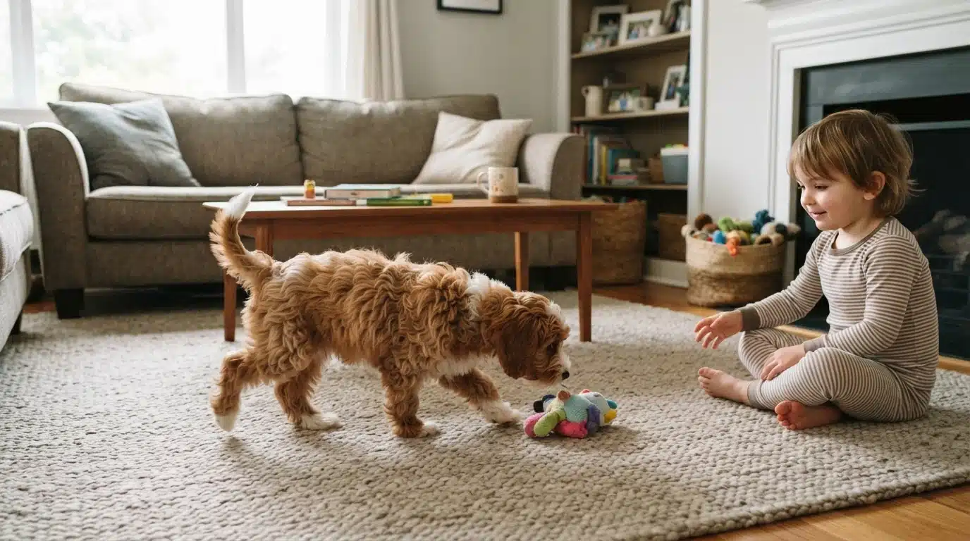 Cavapoo puppy explores carpeted living room