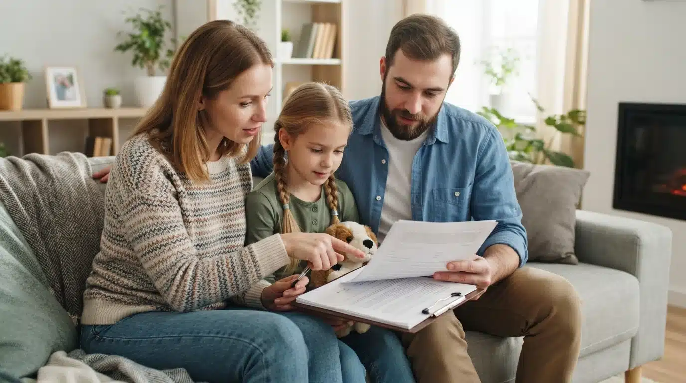Family reading a puppy purchase contract on a couch