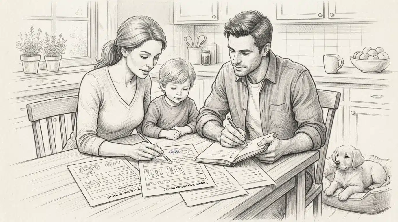 Family reviewing a puppy vaccination record at a kitchen table