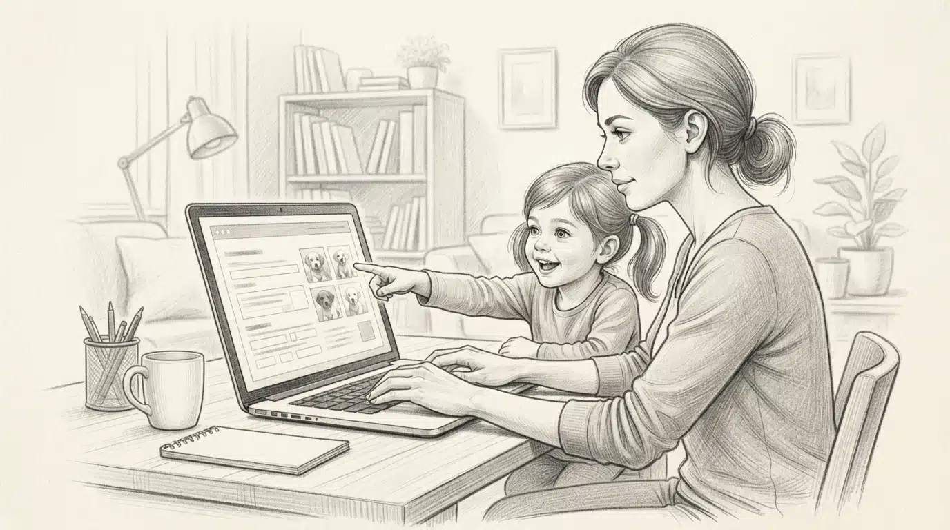 Parent and child filling out a puppy application online