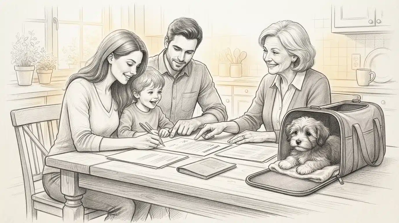 Family signing paperwork beside a puppy in a carrier
