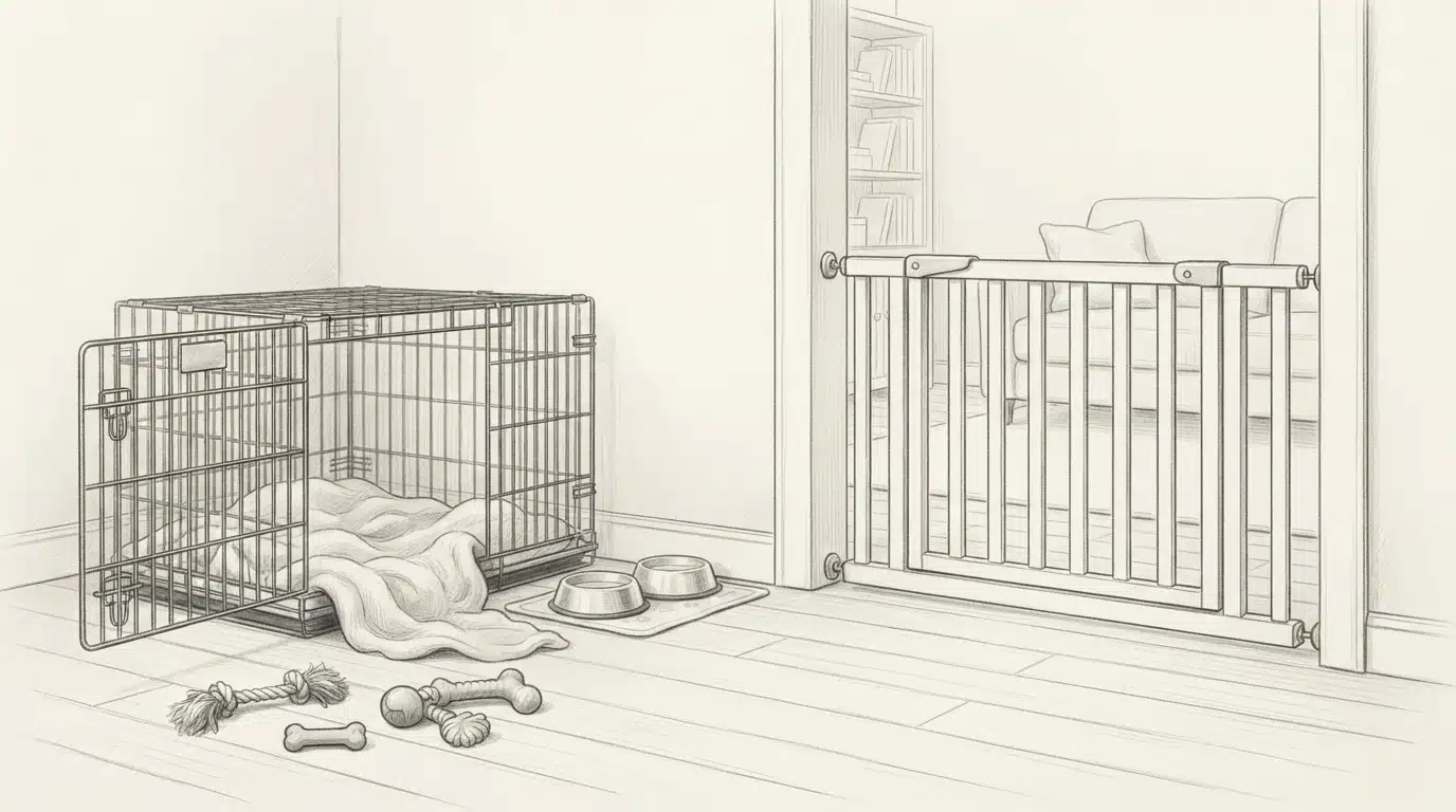 Cozy corner with puppy crate, blankets, bowls, and gate