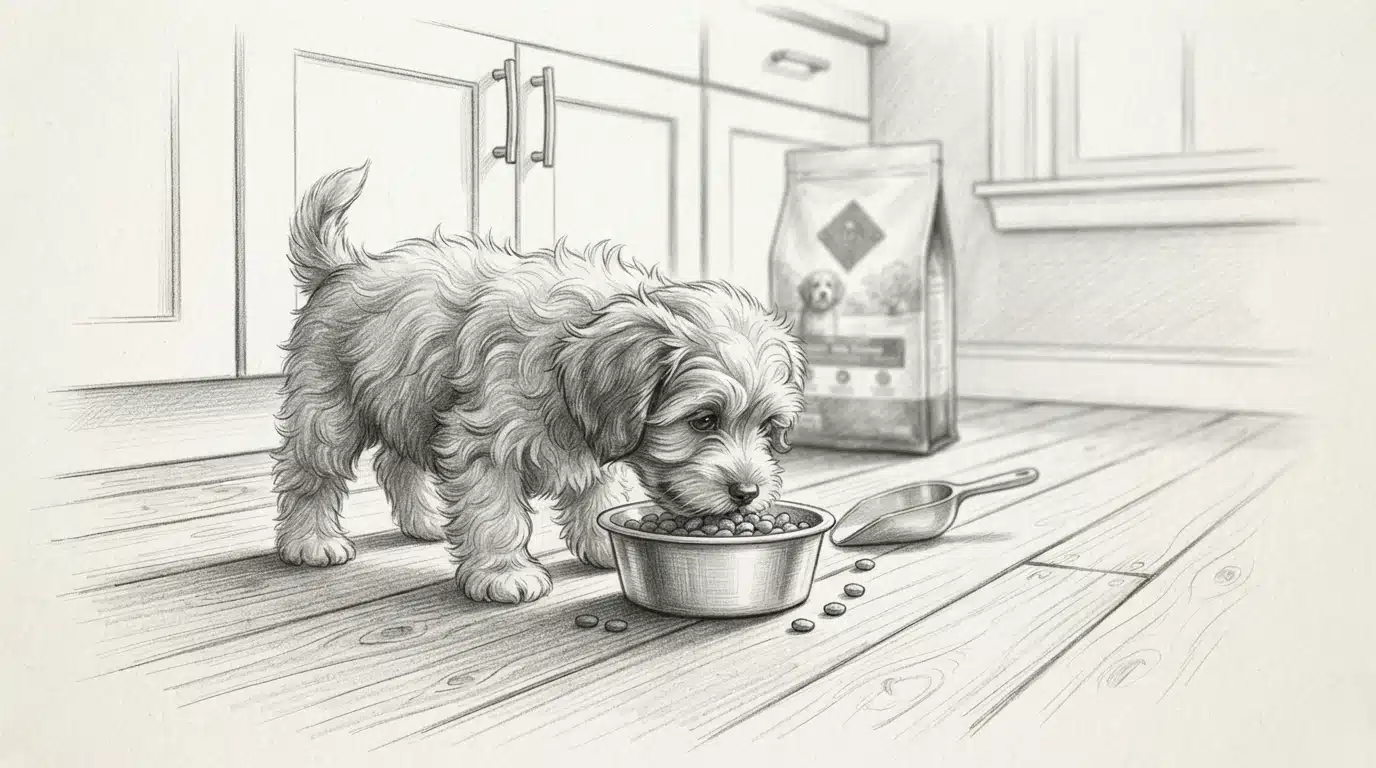 Havanese puppy eating from a stainless steel bowl