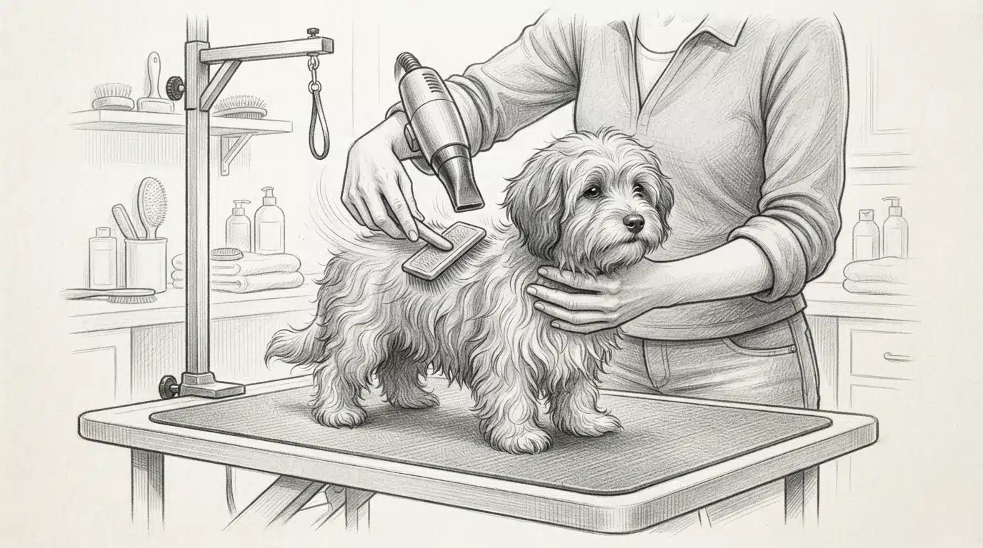 Person blow-drying a Havanese puppy