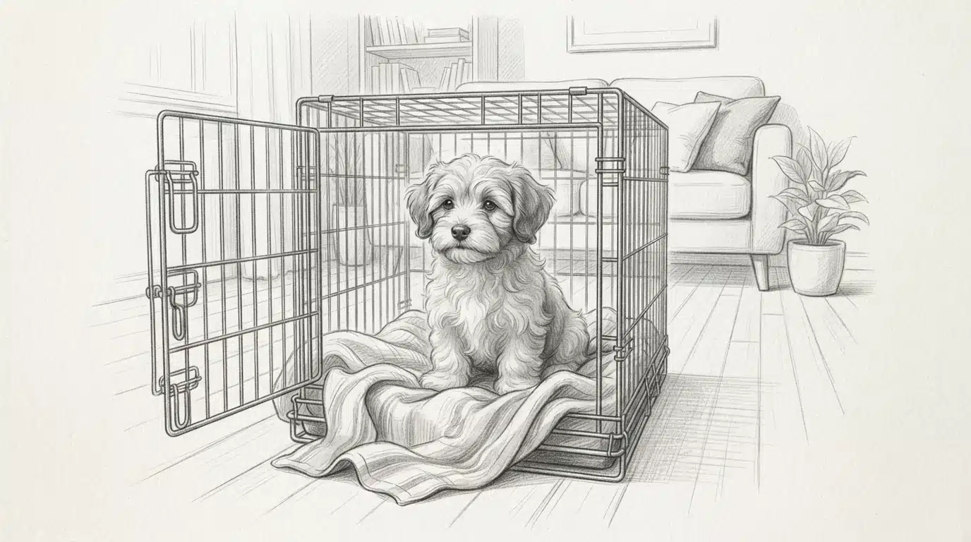 Havanese puppy resting in crate with blanket