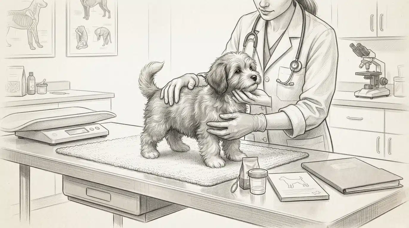 Vet examining a Havanese puppy on a table