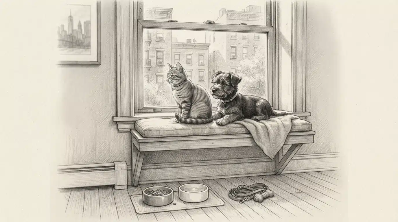 Puppy and cat share sunlit apartment window perch