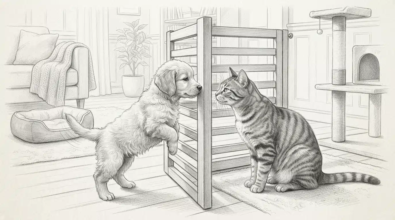 Puppy and tabby cat meeting through baby gate