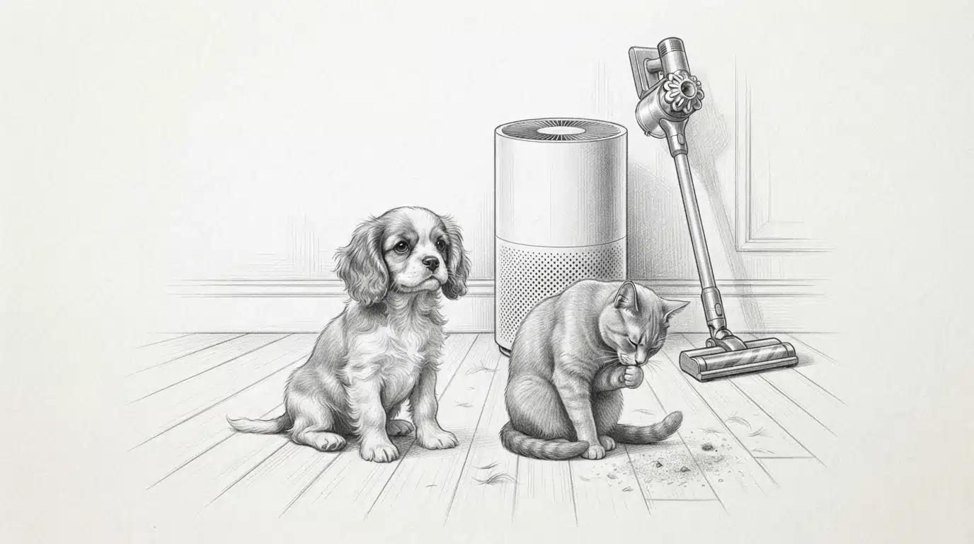 Puppy and cat beside an air purifier