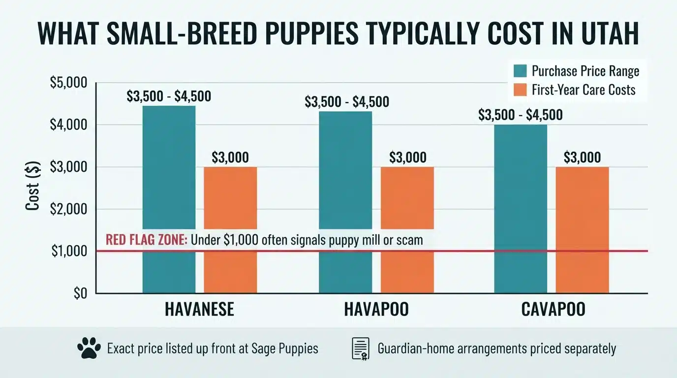 Bar chart comparing small-breed puppy prices and first-year care costs in Utah