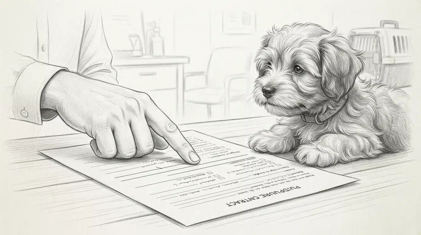 Hand pointing to microchip line on contract beside small puppy