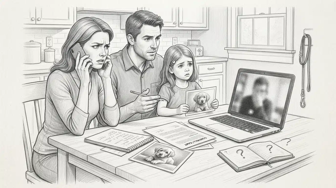 Family skeptically reviewing puppy listing on laptop