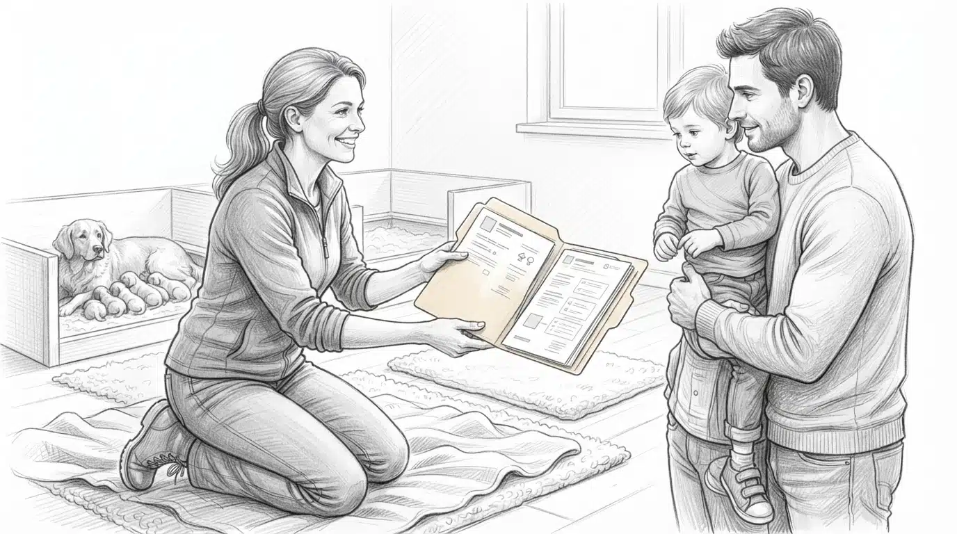 Breeder handing records to visiting family