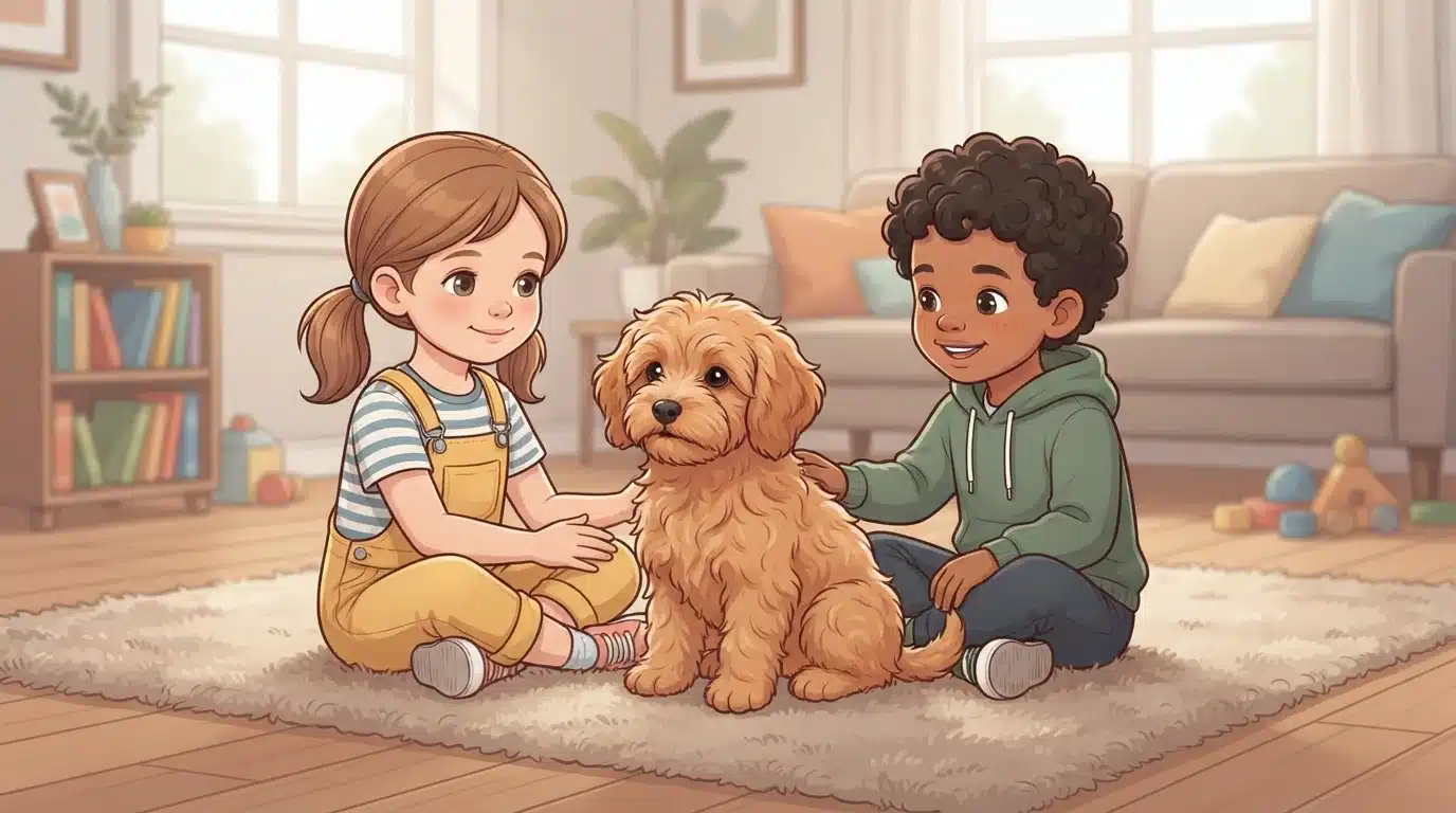Havapoo puppy beside children on living room rug