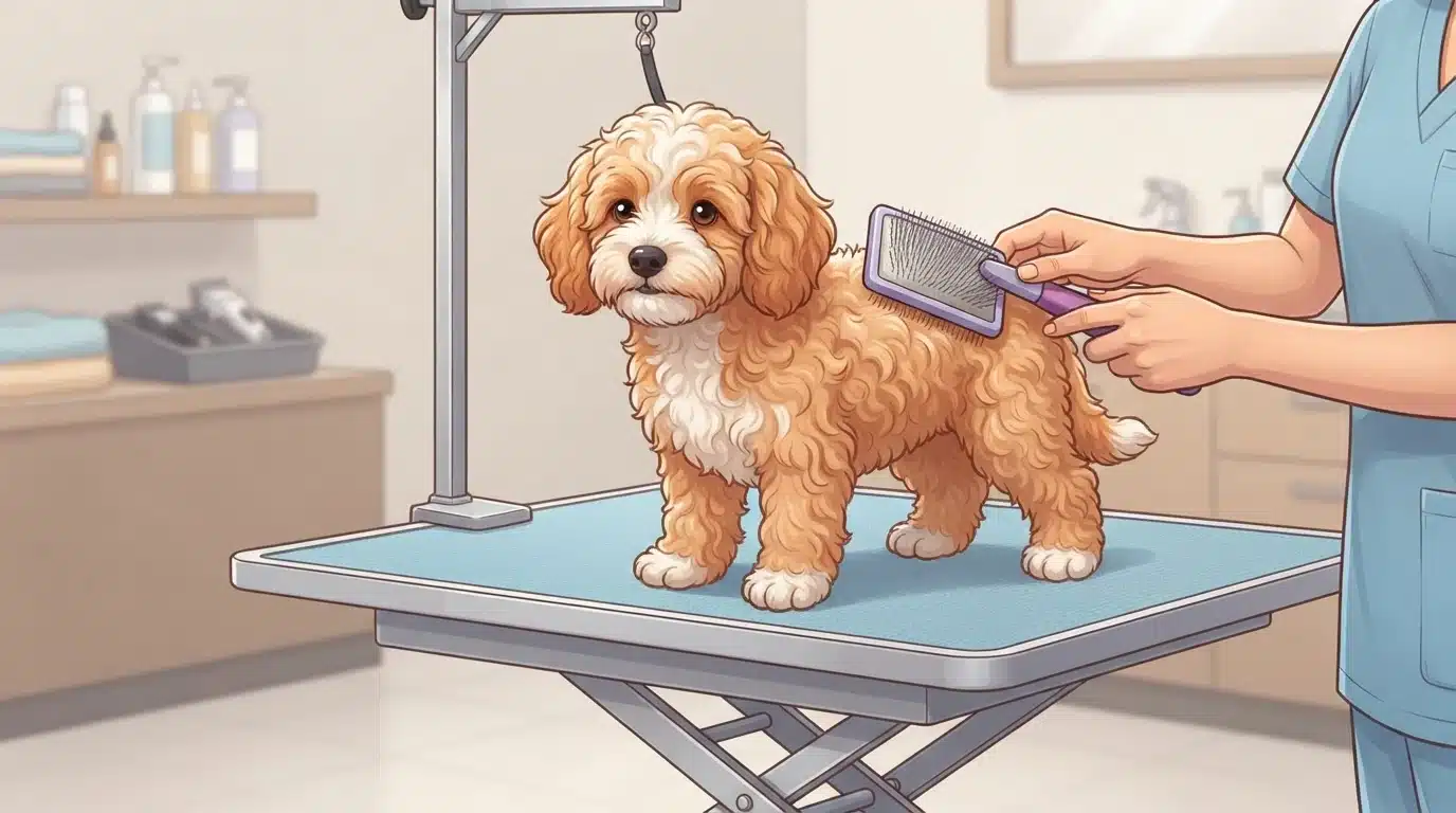 Cartoonish Havapoo puppy being brushed on grooming table