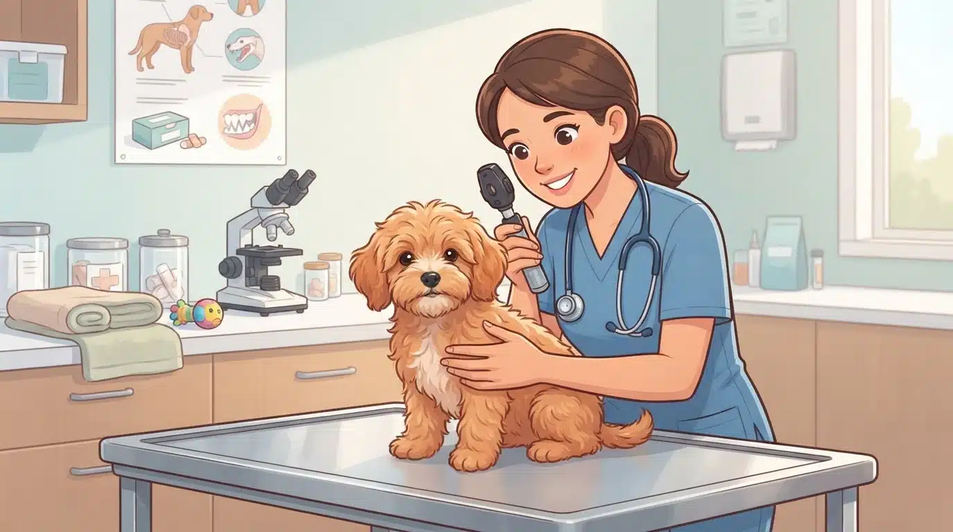 Vet examining a small doodle puppy