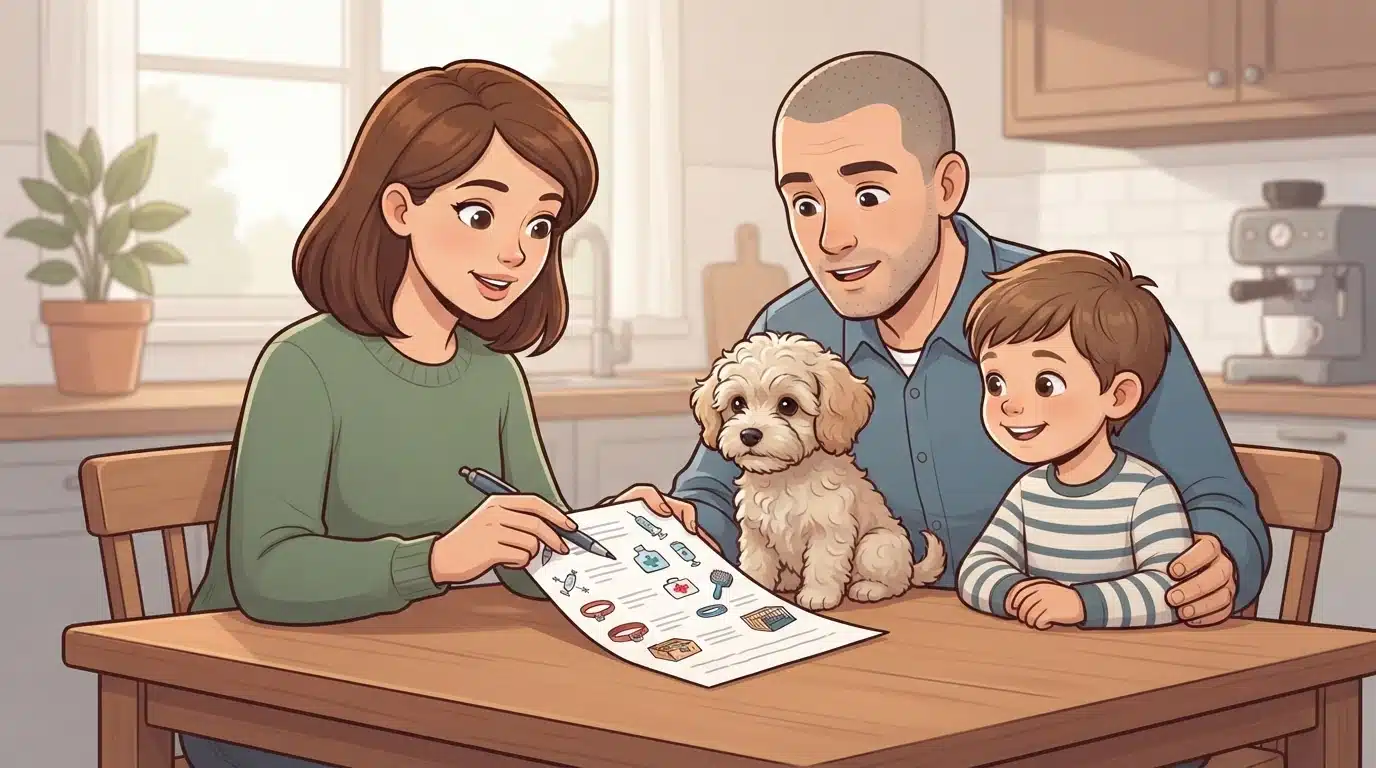 Family reviewing puppy cost checklist at kitchen table