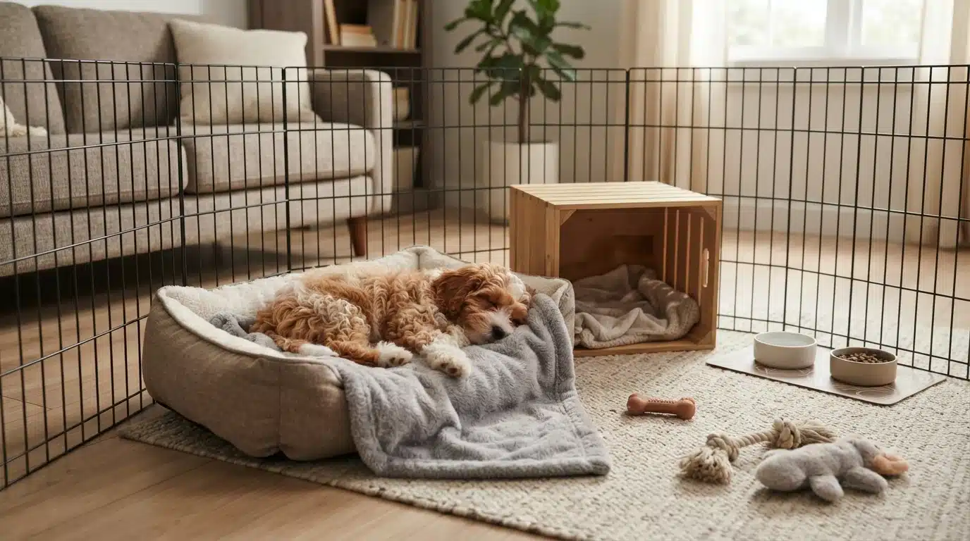 Sleeping cavapoo puppy in living room pen