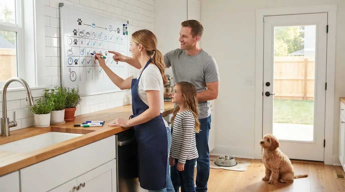 Family planning puppy schedule on kitchen whiteboard