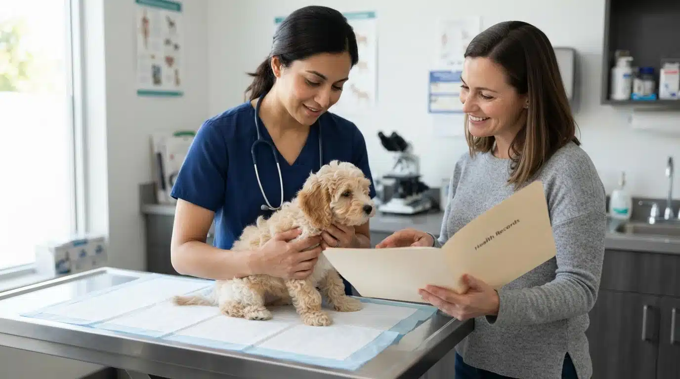 Veterinarian examining a small Cavapoo puppy on a clinic table