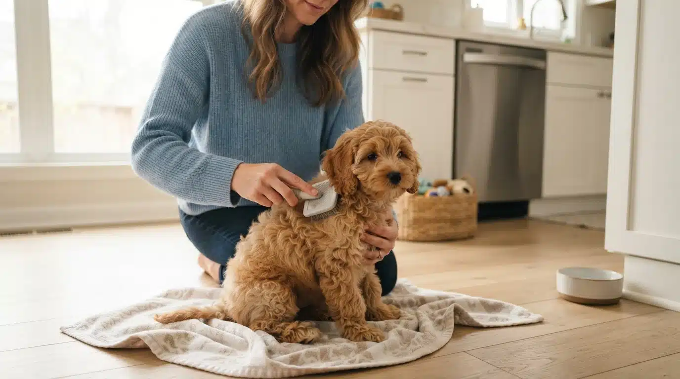 Person gently brushing a curly Cavapoo puppy