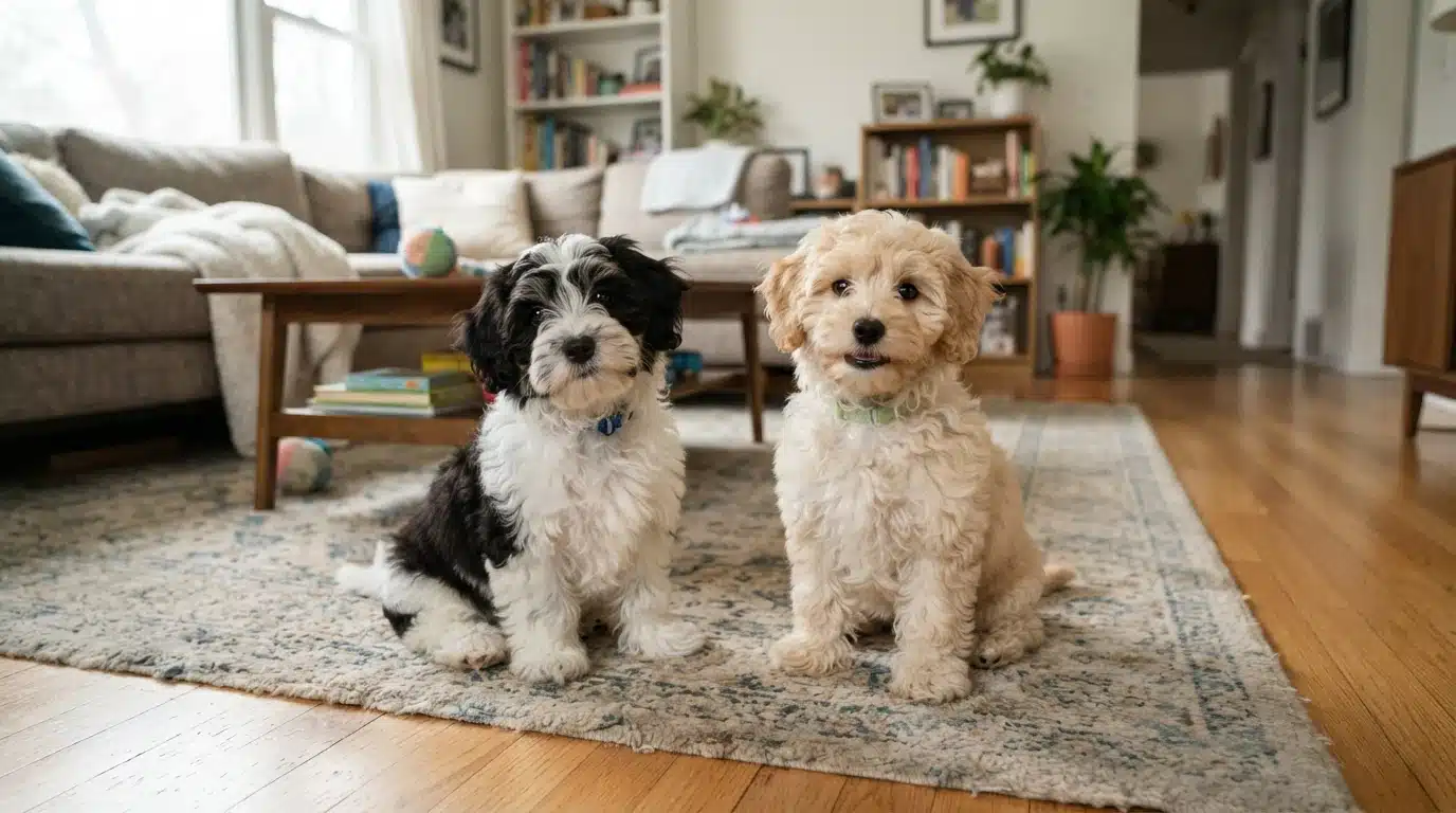 Two small puppies sitting on a living room rug