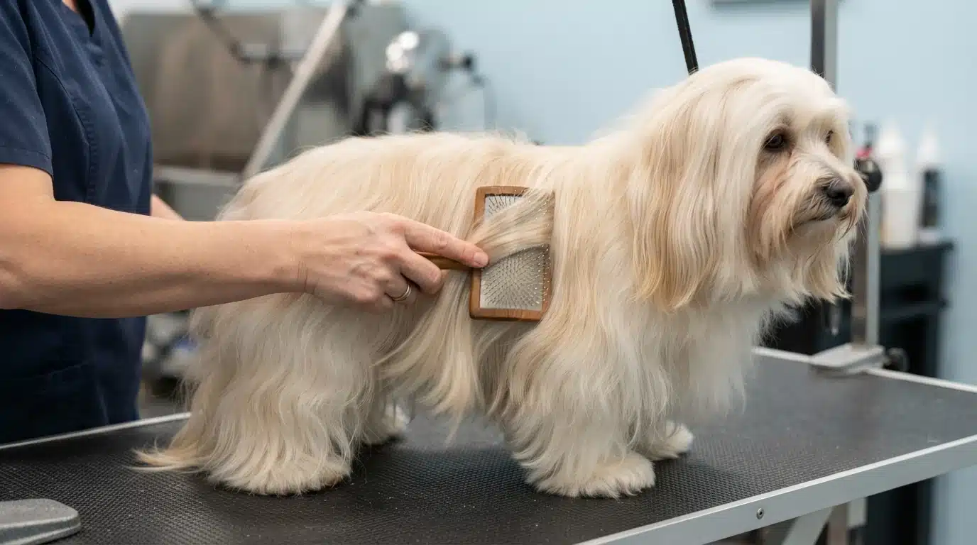 Brush grooming long cream Havanese coat