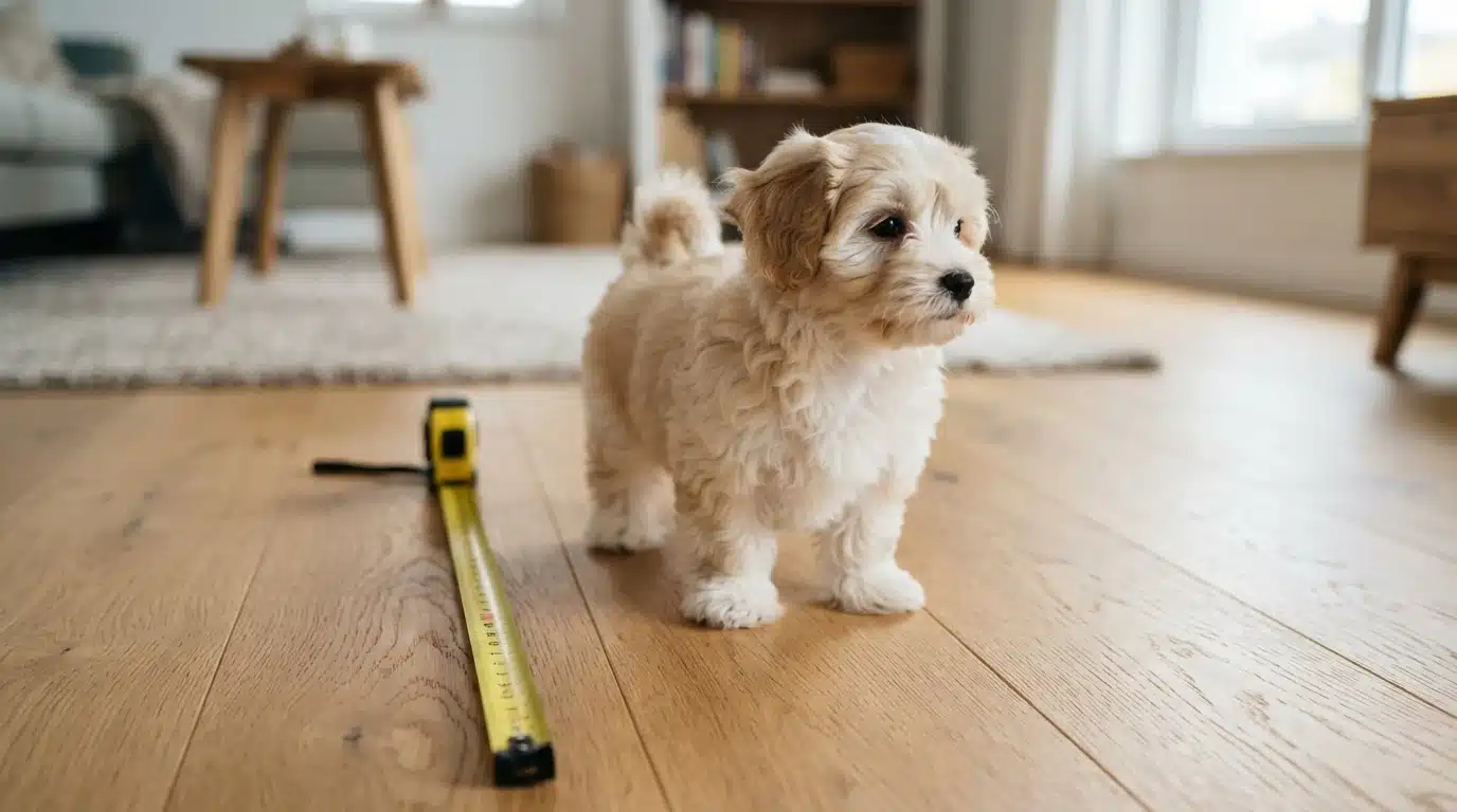 Small Havanese puppy beside a tape measure on a wooden floor