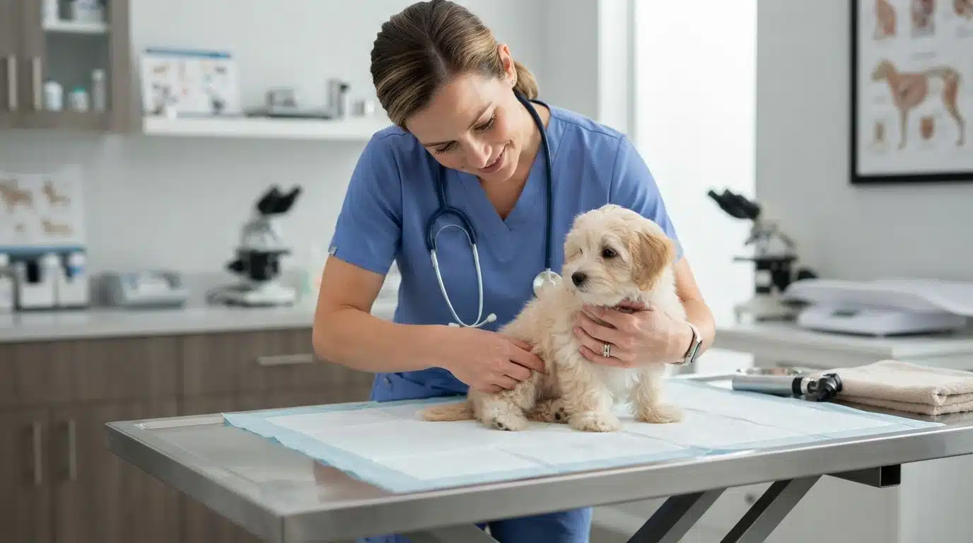 Veterinarian examines small fluffy puppy's knees on exam table