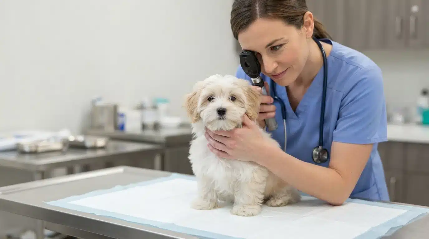 Veterinarian examining a fluffy puppy's eyes